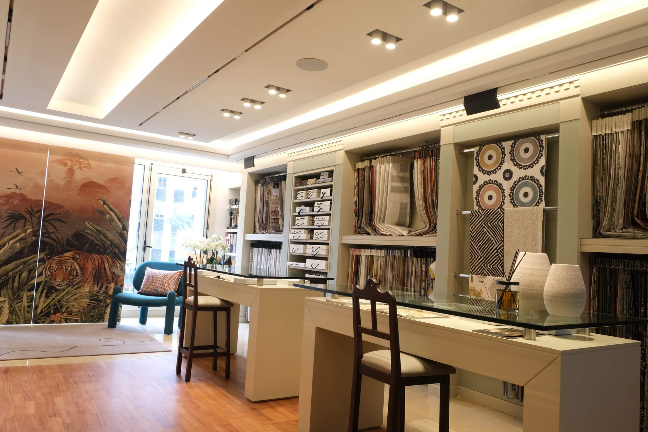 The Belbol showroom with sample books and consultation tables