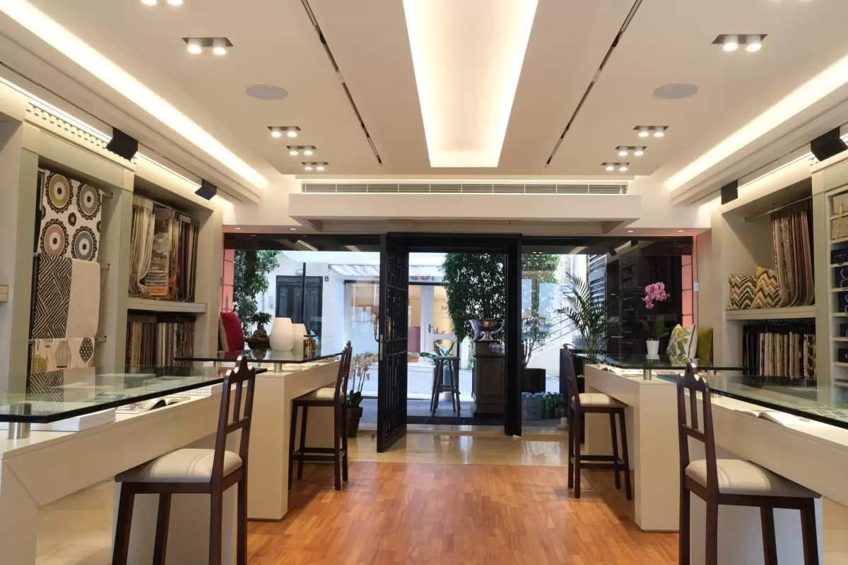The showroom seen from the consultation tables towards the entrance