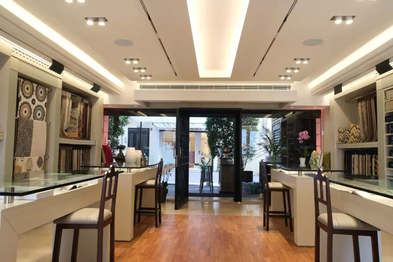 Inside the Belbol showroom: sample books and consultation tables